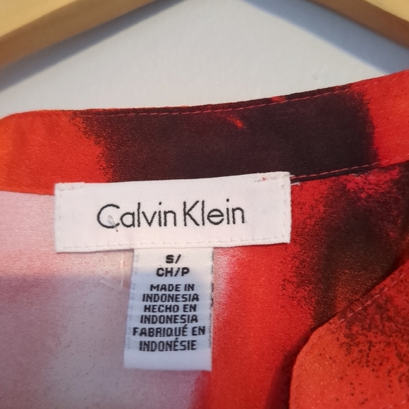 Calvin Klein Blouse Womens Small Orange Red and Black Abstract Sheer Button Up - Picture 3 of 7